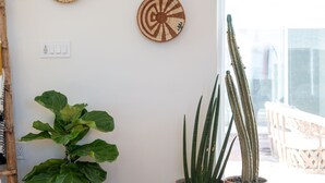Una stanza con un'ampia finestra, una pianta in vaso e un cactus.