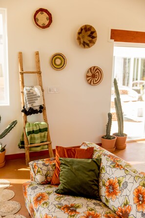 Smart TV, chimenea, libros y estéreo 
