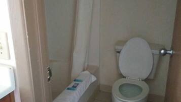 A small bathroom with a toilet, a shower curtain, and a towel on the floor.