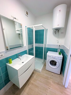 Regadera, secadora de cabello, papel de baño 