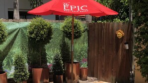 Uma área de piscina com um guarda-sol vermelho com a inscrição 'The Epic West Palm Beach', cercada por plantas em vasos e um cercado de madeira.
