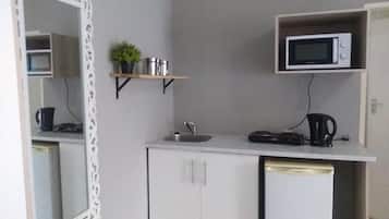 Una kitchenette compacta con microondas, un lavamanos y un pequeño estante con una planta.