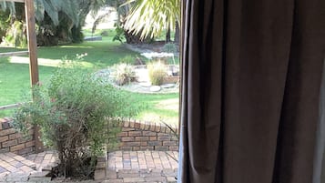 A view of a garden with a brick pathway, a wooden pergola, and various plants.