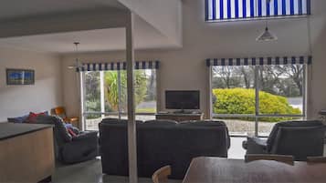 Flat-screen TV, fireplace