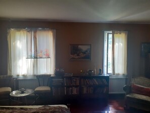 Un salon confortable avec un canapé, une petite table, une bibliothèque et deux fenêtres avec des rideaux.