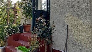 A set of outdoor steps leading to a door with potted plants and gardening tools. - Peaceful Pernaja (Loviisa)