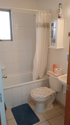 Combined shower/tub, hair dryer, towels, soap
