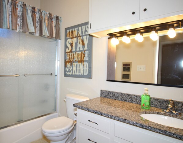 A bathroom with a shower, toilet, vanity with a sink, and a mirror.