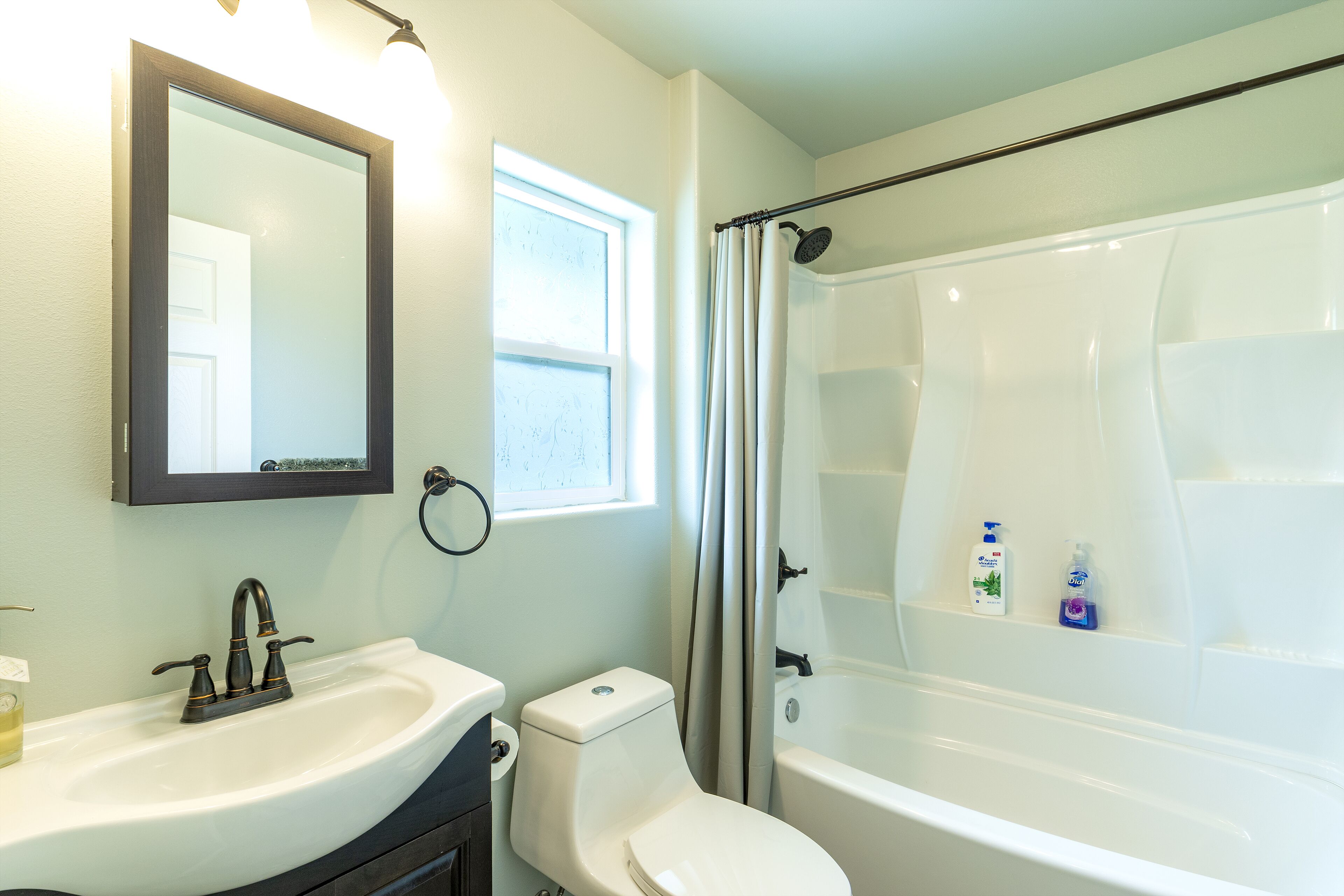 Combined shower/bathtub, hair dryer, towels, shampoo