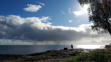 On the beach, sun loungers, beach towels