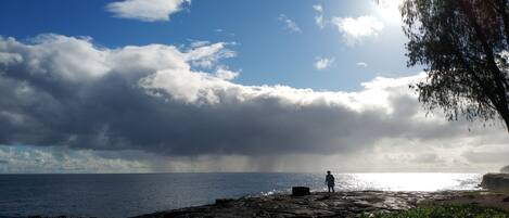 On the beach, sun-loungers, beach towels