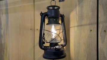Una lanterna nera con un involucro in vetro trasparente e una lampadina visibile all'interno, appesa a un muro di legno.