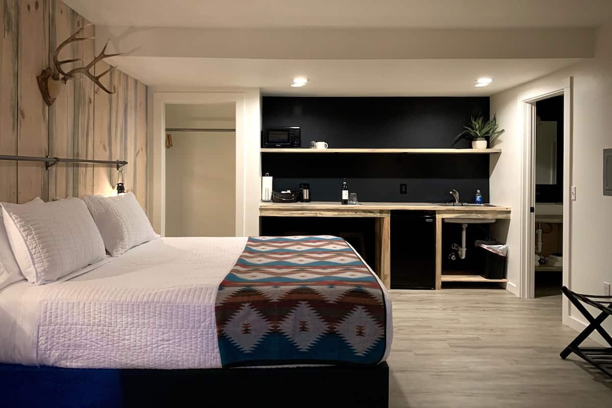 A modern bedroom with a large bed, a wooden wall with a mounted animal head, a kitchen area with a microwave, sink, and shelves.