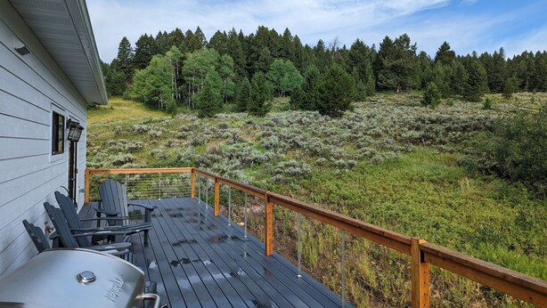 Eine Holzterrasse mit Grill, Stühlen und Blick auf einen bewaldeten Hang.