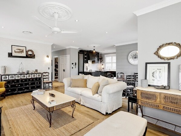 Télévision, cheminée, lecteur de DVD, livres