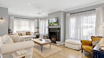 TV, fireplace, DVD player, books