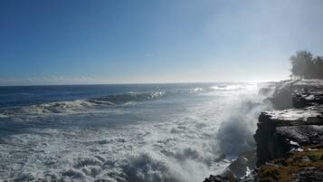 On the beach, sun loungers, beach towels