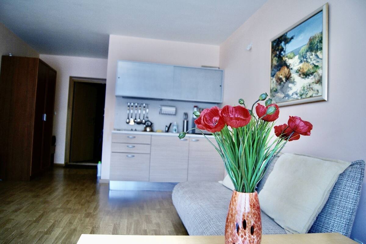 Un salon avec un plancher en bois, un canapé, une table ornée d’un vase de fleurs rouges, et une cuisine en arrière-plan.