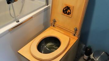 Combined shower/tub, hair dryer, towels, soap
