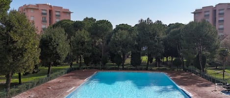 A rectangular swimming pool with clear blue water, surrounded by a brick deck and trees.