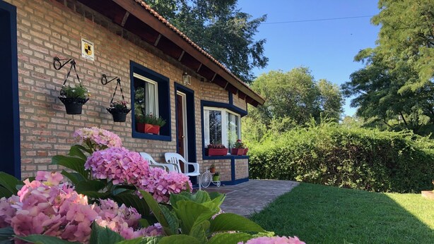 A brick house with a porch, potted plants, and a lawn. - Deluxe Apartment with Breakfast Included. (Villa Gral. Belgrano)