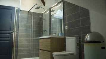 Shower, hair dryer, soap, toilet paper