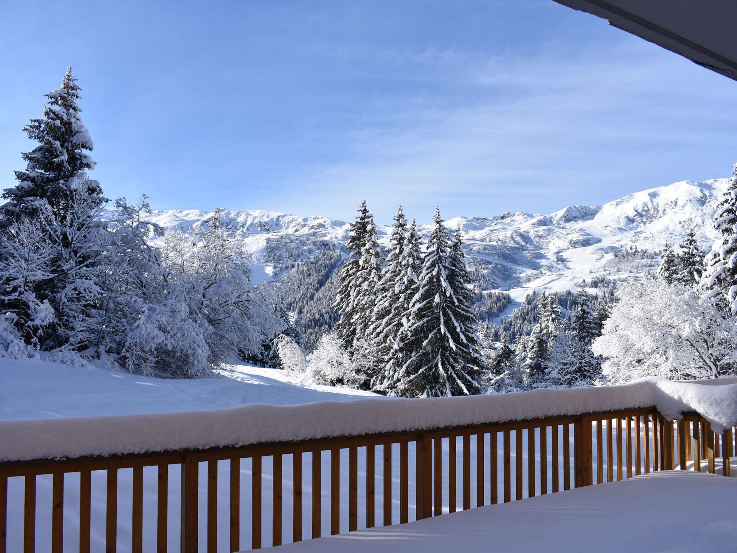 A snow-covered landscape with a wooden deck and snow-laden trees.