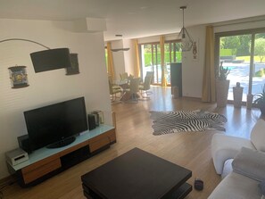 Tv, dvd-spelare, ett bordtennisbord och böcker