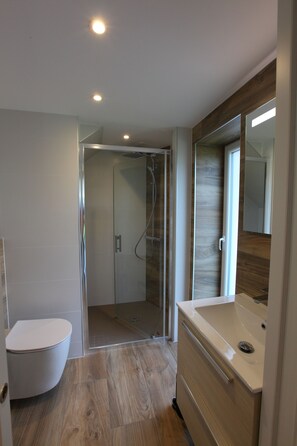 Bathtub, hair dryer, towels, soap