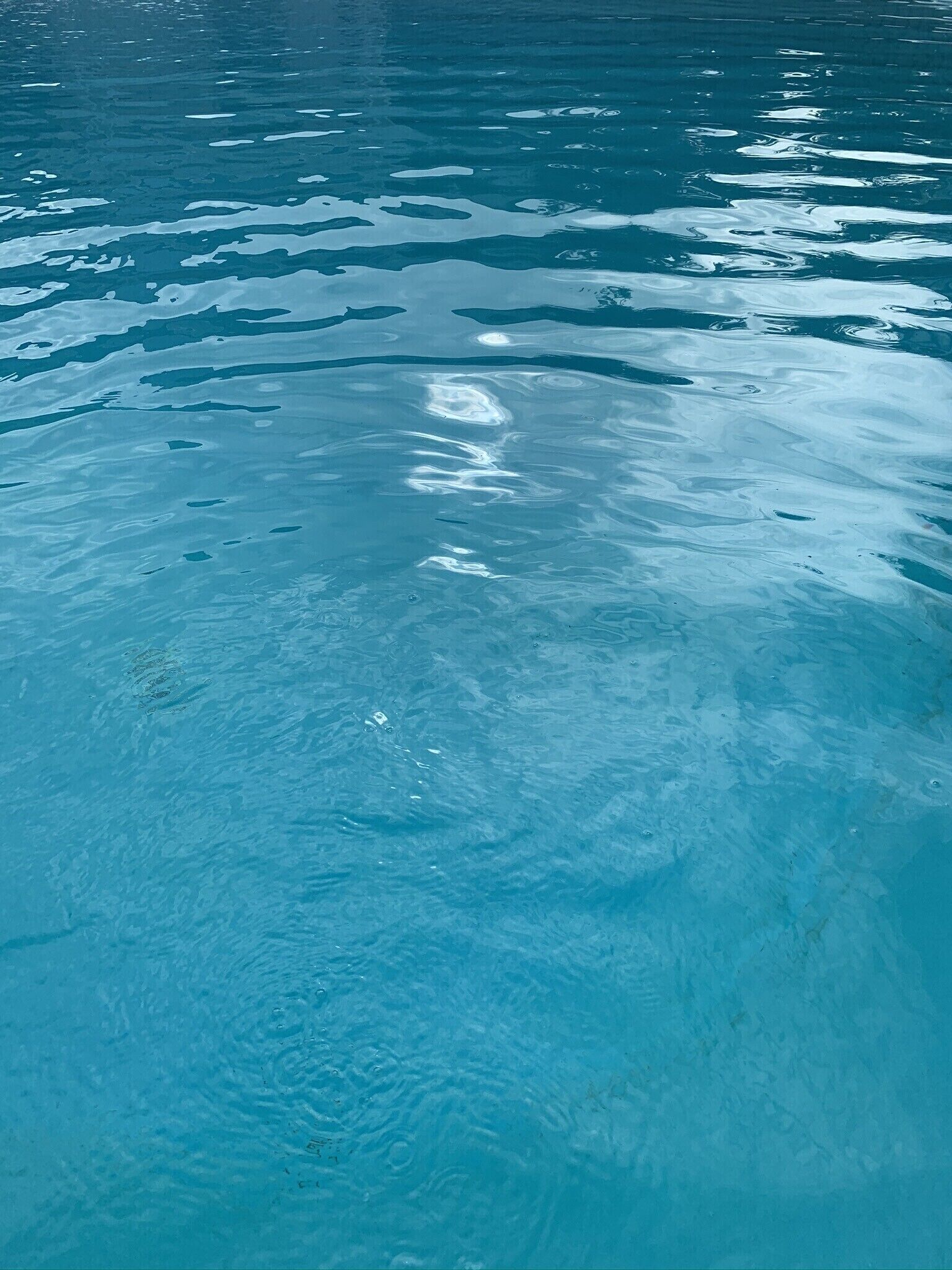 A clear view of a swimming pool with visible water ripples and reflections.