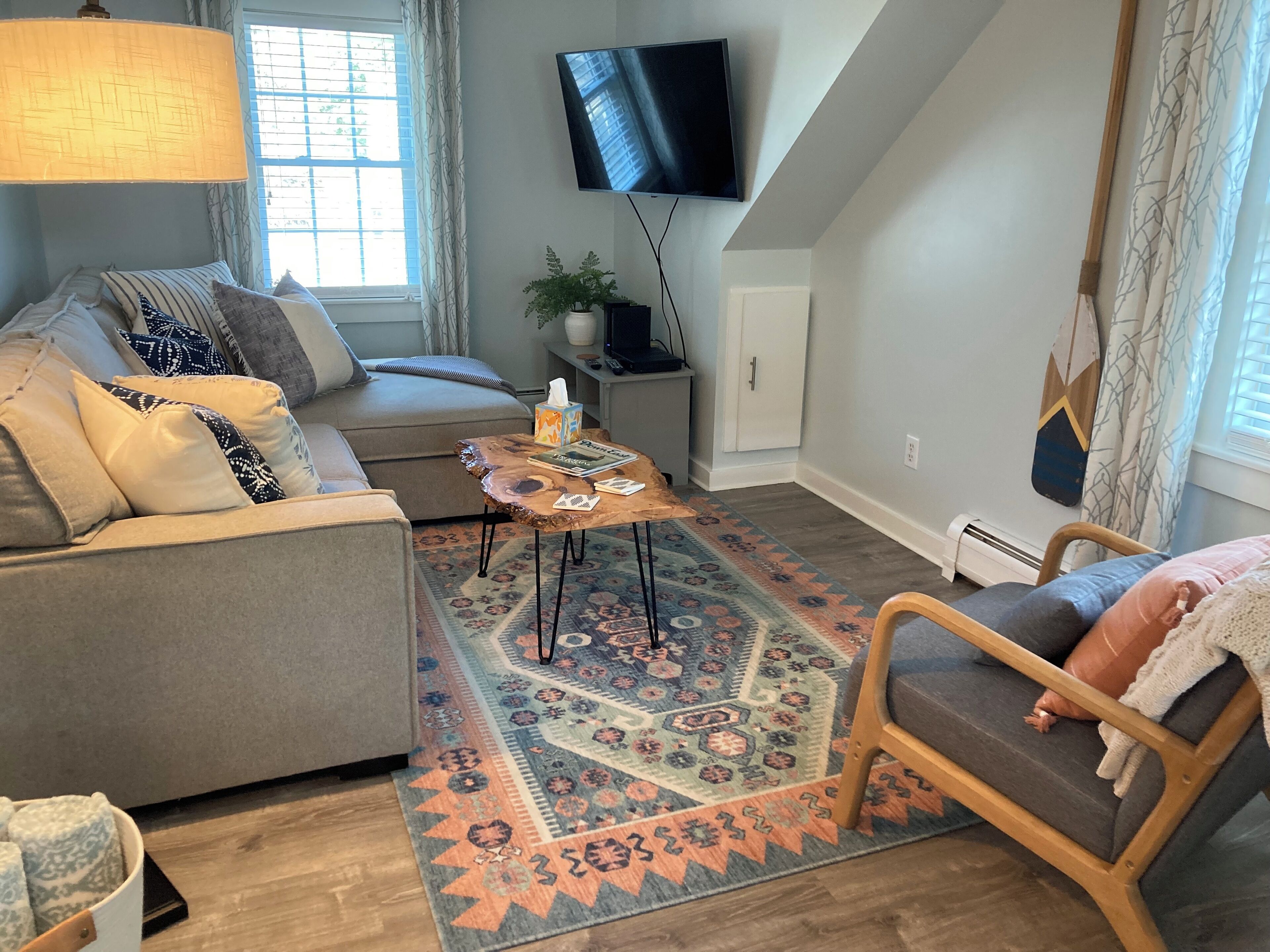 Una sala de estar con sofá, mesa de centro, televisor, planta y alfombra estampada.