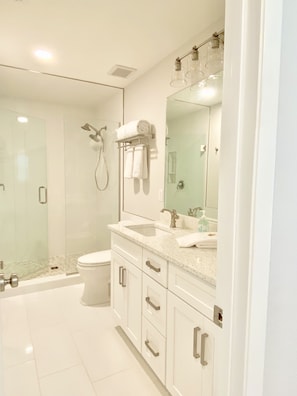 Shower, hair dryer, towels, soap