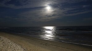 Una playa con un camino que lleva al agua, cielo despejado y la luna reflejándose en el mar.