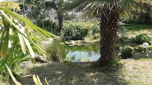 Ein Garten mit Teich, Palmen und verschiedenen Pflanzen.