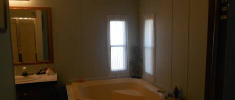A bathroom with a large bathtub, a sink, a mirror, and a window with curtains.