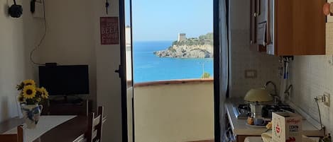 A room with a view of the sea, a dining area with a table and chairs, and a kitchen with a sink and stove.
