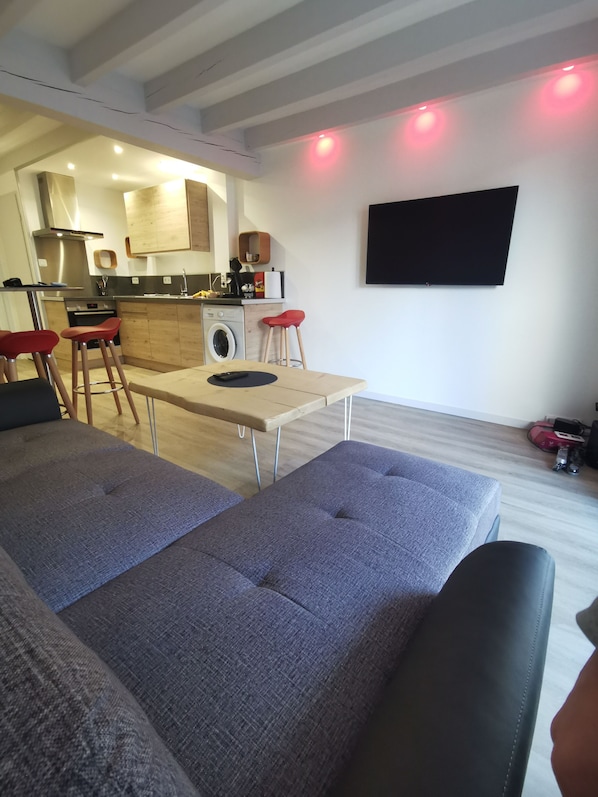 A modern living room with a grey sofa, a wooden dining table, and a kitchen area with a washing machine.