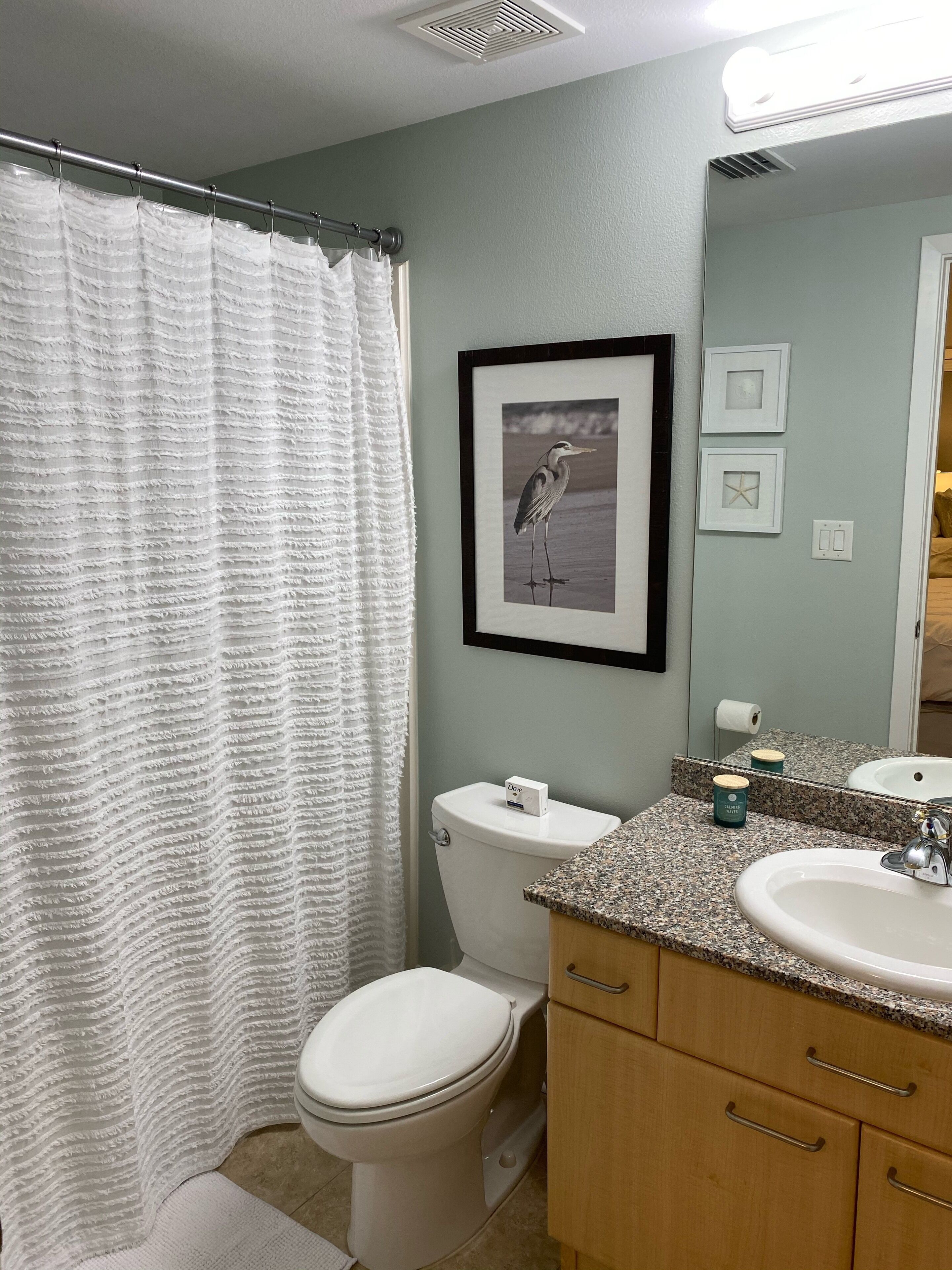 A bathroom with a shower curtain, toilet, sink, vanity, and framed picture on the wall.