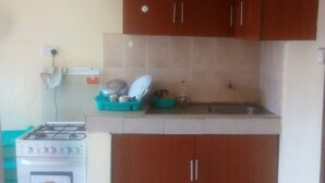 A compact kitchen with a gas stove, a built-in oven, and wooden cabinets. - Juja Modern guest house (Juja)