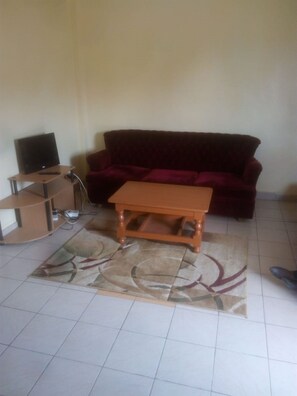 A living room with a dark red sofa, a wooden coffee table, a TV on a stand, and a patterned rug. - Juja Modern guest house (Juja)