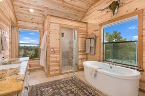 Shower, jetted tub, hair dryer, towels