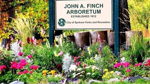 En skylt för John A. Finch Arboretum, med en mängd färgstarka blommor och träd i bakgrunden.