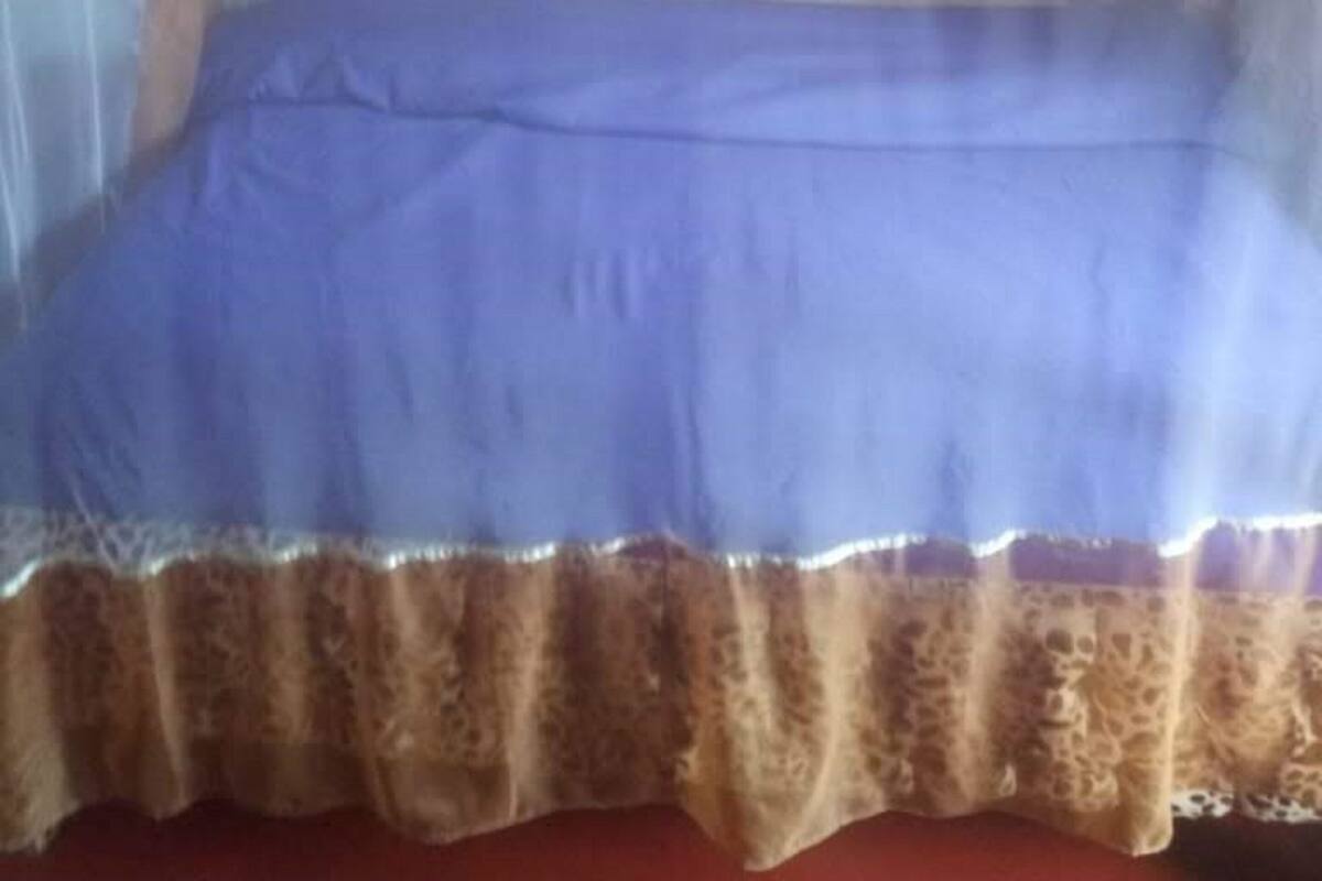 A bed with a blue bedspread and a brown, leopard-print border.