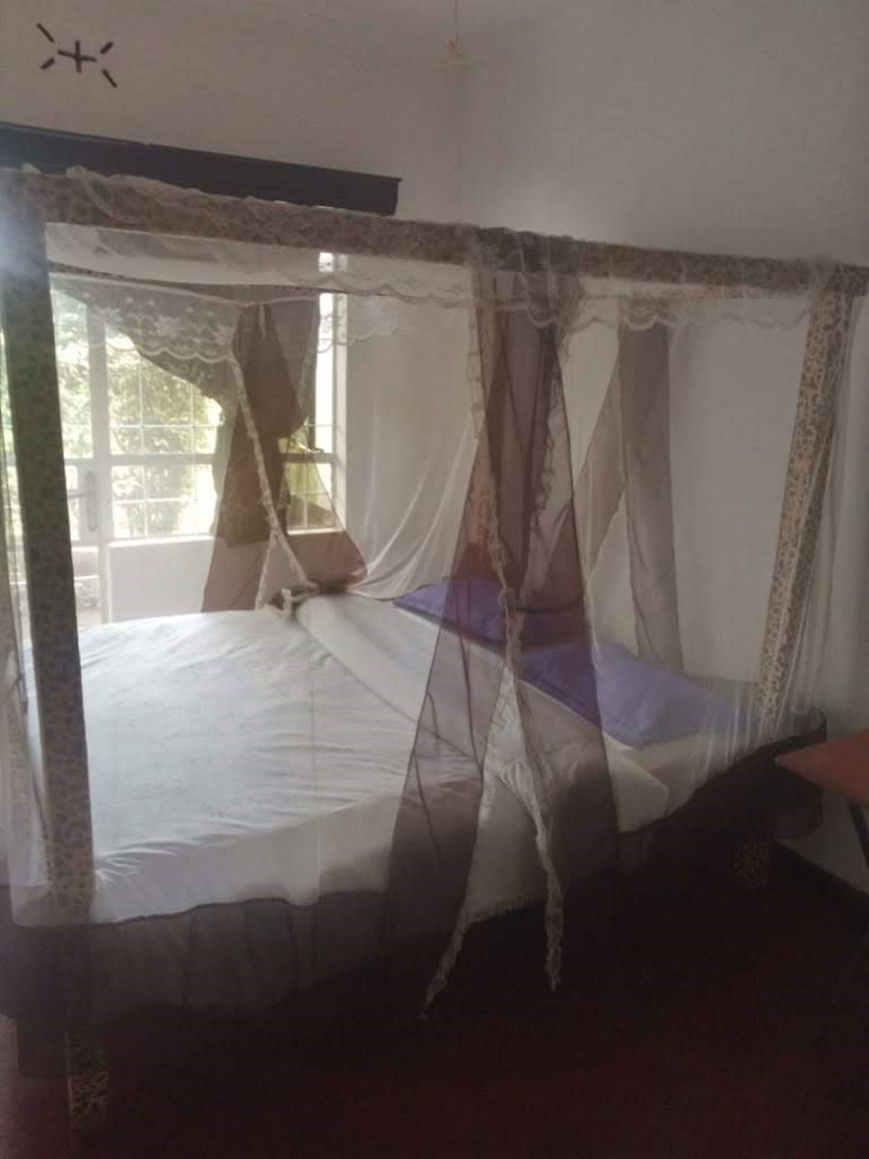 Une chambre avec un lit, une fenêtre et une moustiquaire.