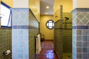 Hair dryer, towels, soap, toilet paper