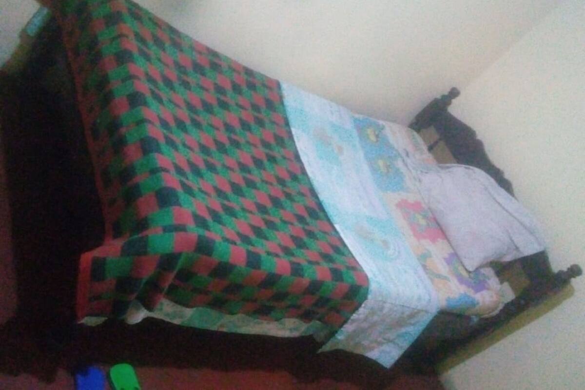 A bed with a checkered blanket and a patterned pillow.