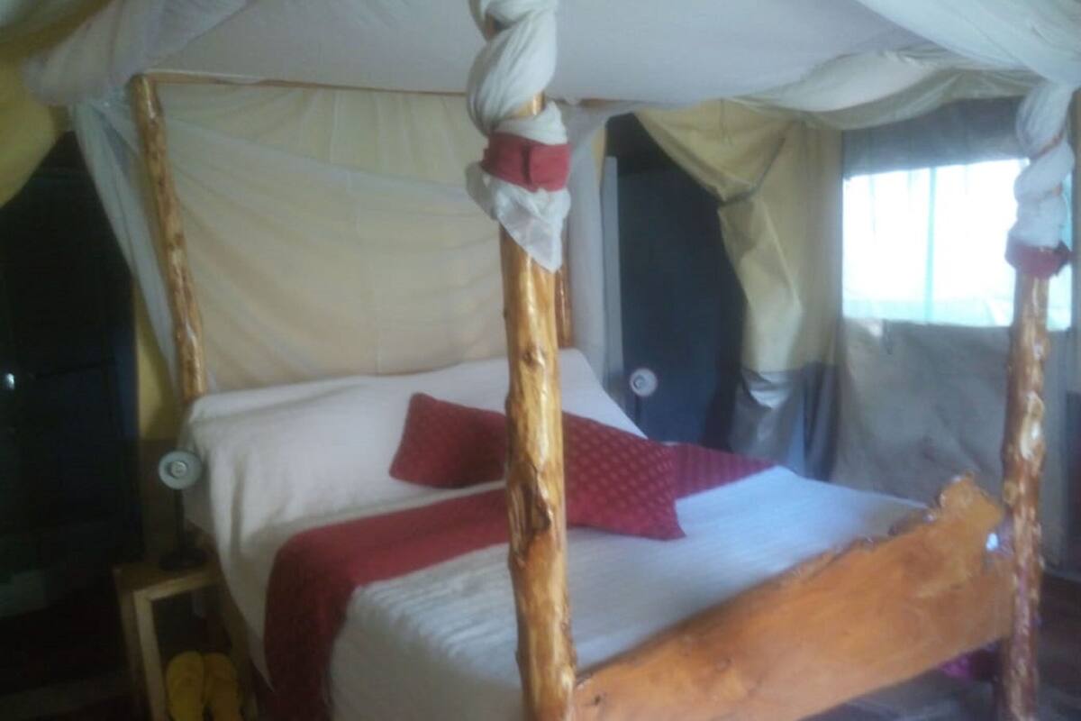 Uma cama com dossel e cortina, um travesseiro vermelho e piso de madeira.