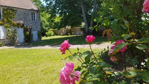 A garden with pink roses, a stone house, and a paved path. - Charming house in the forest of Fontainebleau in a village of character (Recloses)