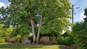 A garden with a stone wall, a wooden bench, and metal chairs. - Charming house in the forest of Fontainebleau in a village of character (Recloses)