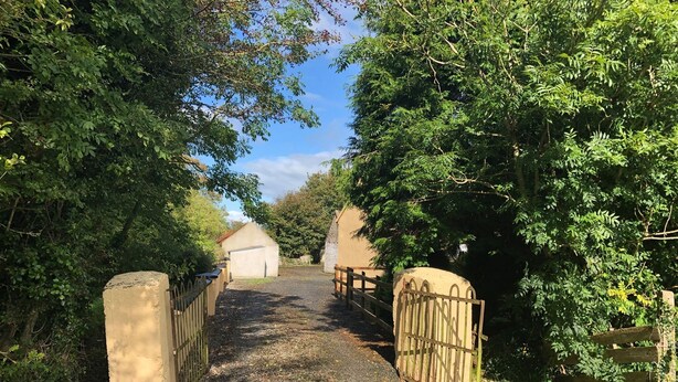 Un chemin de gravier mène à un bâtiment rustique à la façade en pierre, entouré d’une végétation luxuriante.